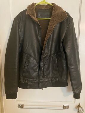 Men's Brown Pleather Bomber Jacket with Fleece Lining